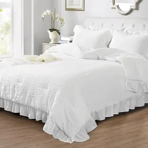 Comforter Set, 3 count White Seersucker Comforters  Size, Lightweight & Fluffy Bedding Sets  for All Season with 1 Ruffle Comforter and 2 Ruffle Pillowshams