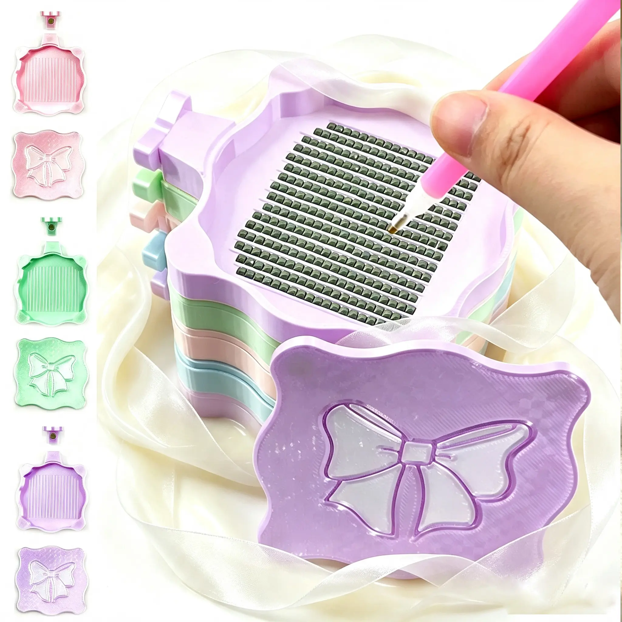 3D Printed Lace Bow-Shaped Magnetic Diamond Painting Tray with Separate Lid, Magnetic Drill Alignment Sorting Tool for Bead Classification, Neat Pick-Up, DIY Mosaic Embroidery Craft Supplies