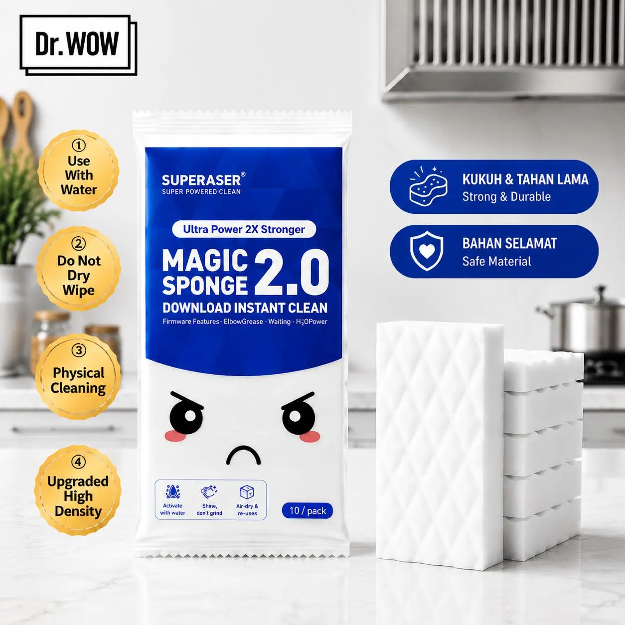 [ADD WATER BEFORE USE] Dr.WOW Supplies Premium Nano Magic Sponge, 2X Compressed, Water-Only Cleaning, No Detergent, Shoe Cleaner, Multipurpose Cleaning Sponge, Durable & Long-Lasting