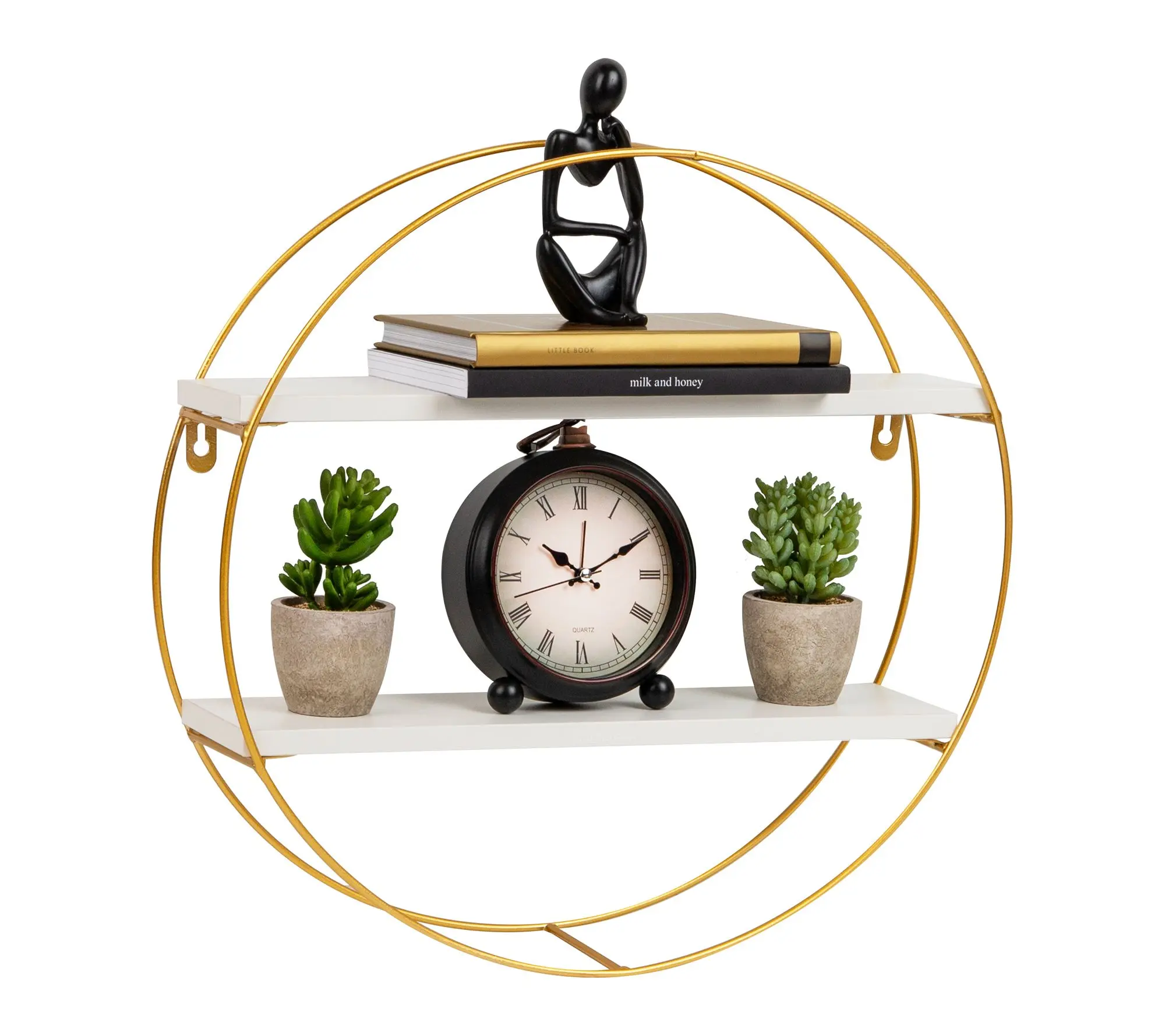 Mind Reader Floating Round Wall Shelves, Gold Metal Frame
