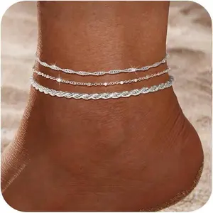 3Pcs Ankle Bracelets for Women - Silver Plated Anklet Set Dainty Layered Herringbone, Rope, and Figaro Paperclip Chain Beach Foot Jewelry Gift