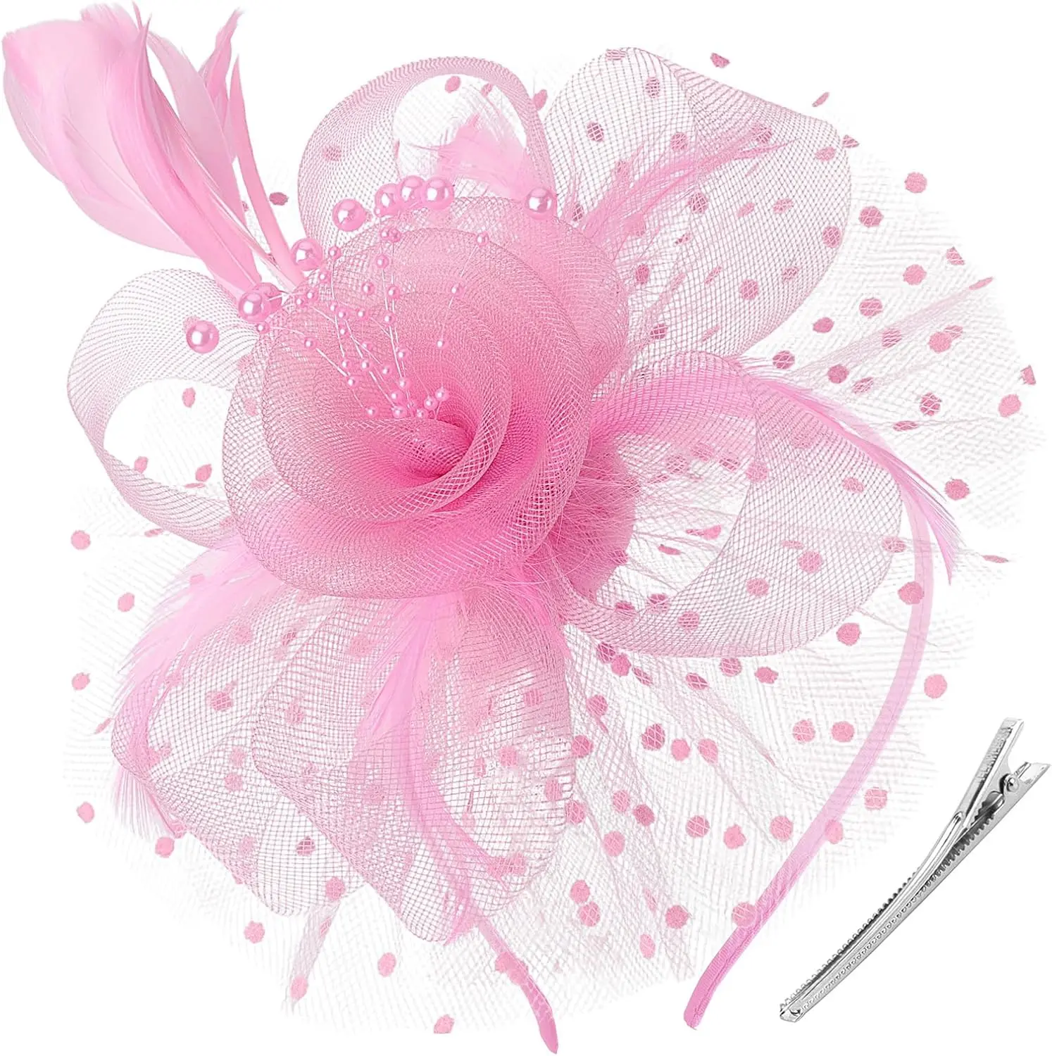 Fascinator Hat for Women with Flower Mesh and Feathers, Vintage Bridal Headpiece for Tea Party & Kentucky Derby, Includes Headband and Clip, Bridal Headbands, Colorful Feather Headbands
