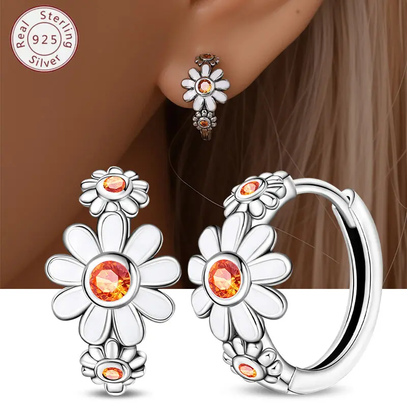 Women's 925 Sterling Silver Daisy Flower Huggie Hoop Earrings - High Quality Earrings for Gifting