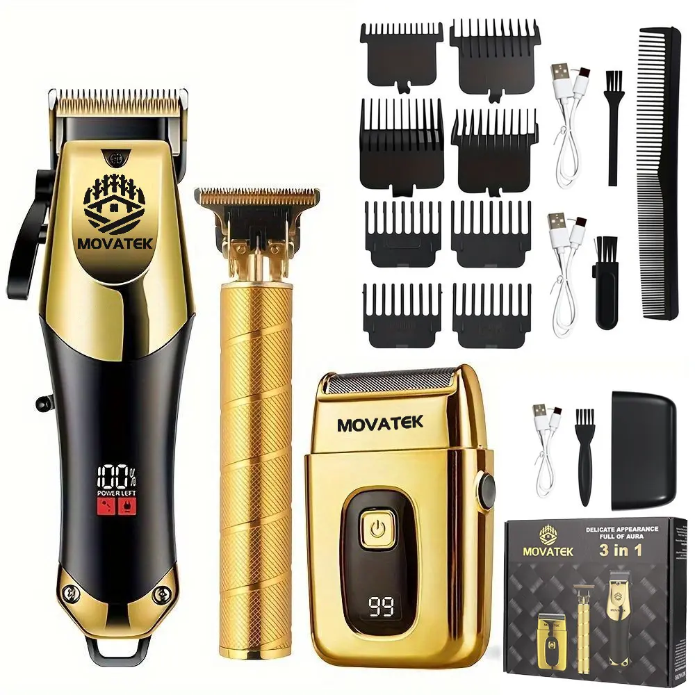 3-Piece Professional Blonde Hair Clipper & Trimmer Kit for Men - USB-Rechargeable Barber Set Featuring LCD Display, Adjustable Blade Hair Clippers, and Professional Men's Trimmer