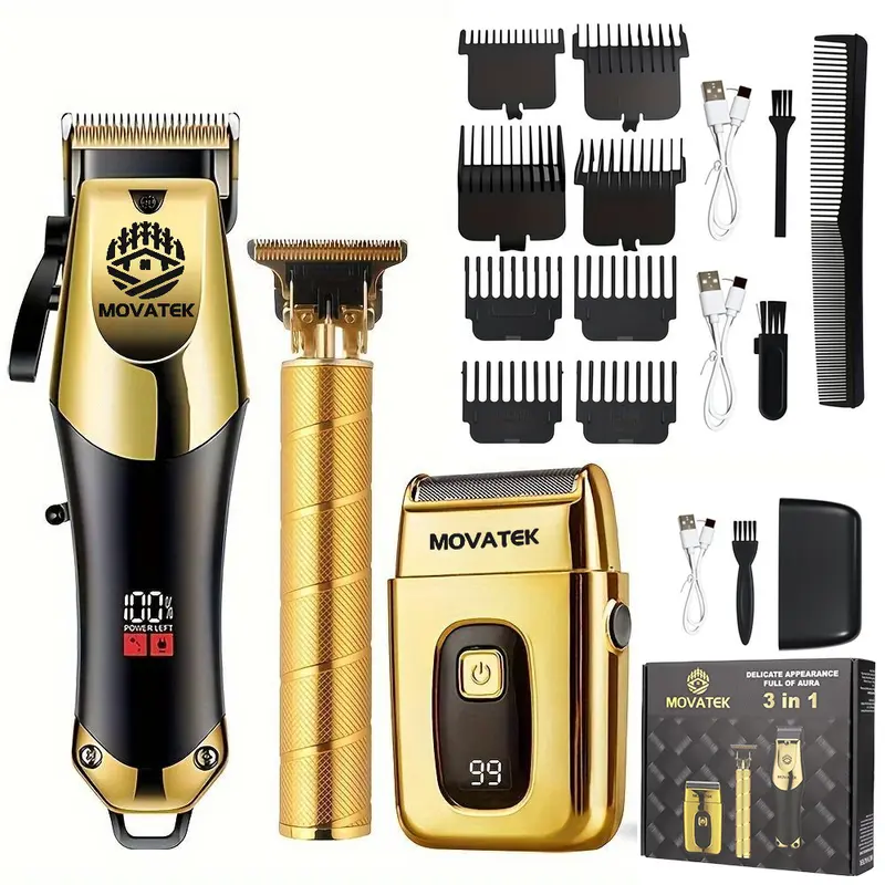 MOVATEK 3 Piece Professional Blonde Hair Clipper & Trimmer Kit for Men USB Rechargeable Barber Set Featuring LCD Display, Adjustable Blade Hair Clippers, and Professional Men's Trimmer Hair Cutting Kits, Face