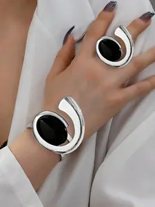 Lxalry Platinum Gothic Jewelry Set, Black Diamond Accent Bracelet & Ring Duo, Handmade Electroplated Iron for Women Everyday Edge & Dark Glam Nights