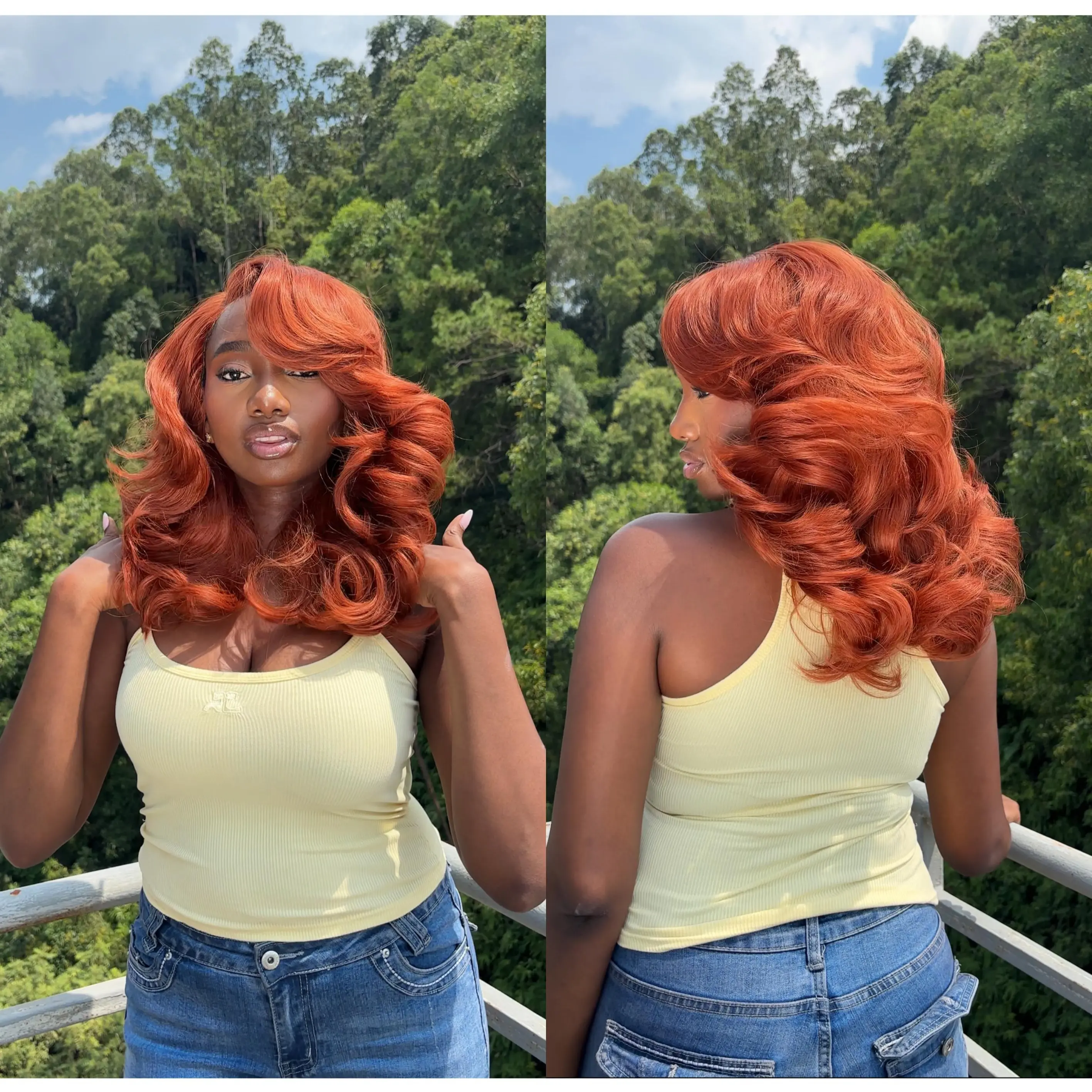 [70s Layers] Beginher Hair 20 inches Heat Resistance 200% Density Farrah Fawcett Layers Style Middle Part 4x4x1 T-Part Lace Synthetic Wear Go Beginner Friendly Pre Cut Glueless Wigs Ginger Color