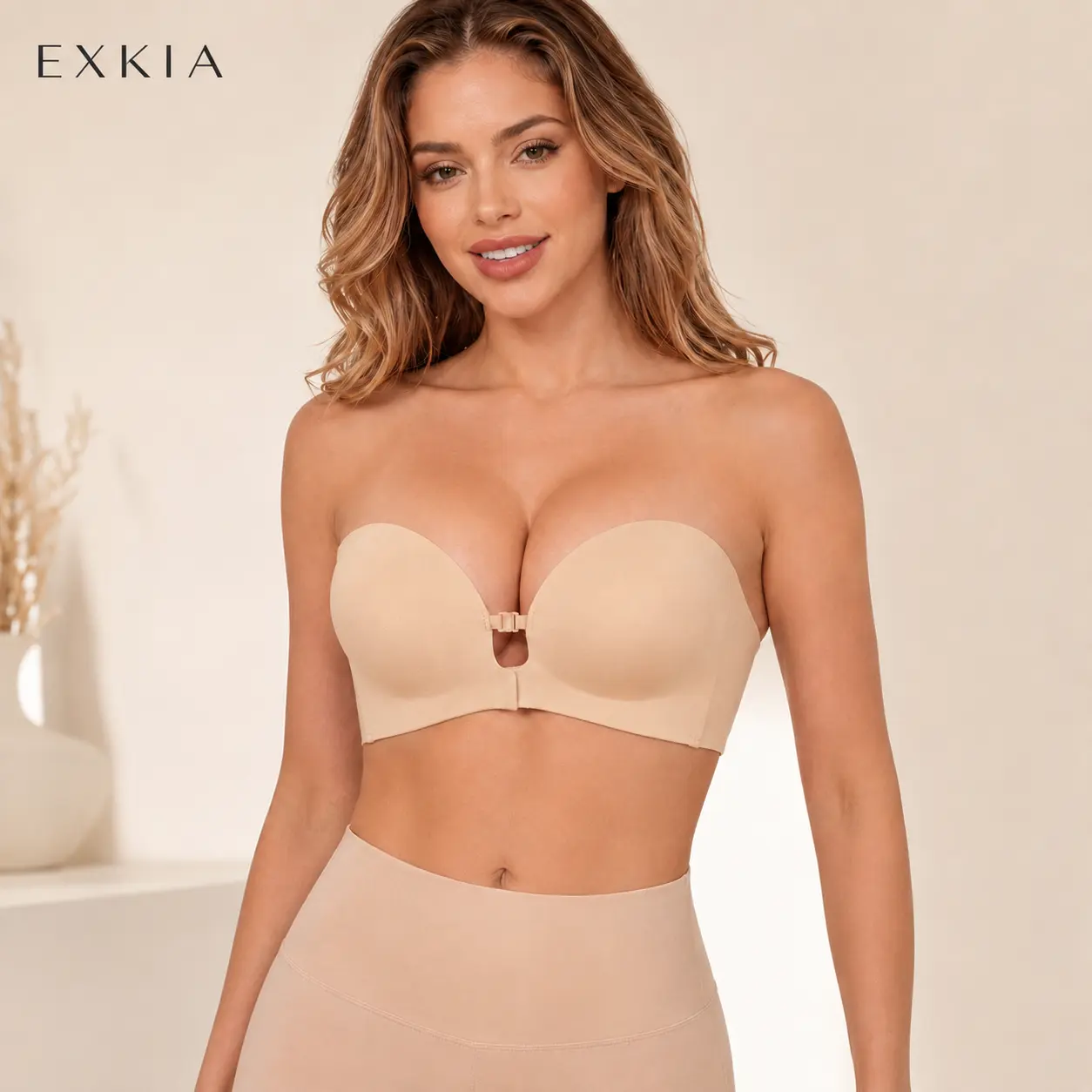 EXKIA Women’s Wireless Strapless Push-Up Bra, Secure Front Hook Closure, Removable Multiway Straps, Comfortable Non-Slip Fit for Dresses and Everyday Wear