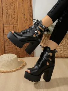 Women's PU Leather Chunky Stacked Heel High Heels, Plain Pattern Elegant Design, Classy Above-Ankle Fashion Shoes for Spring & Fall Season