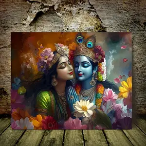 1pc Radha & Krishna Divine Love Framed Canvas Wall Art - 16x12 Inch Vibrant Spiritual Painting, Traditional Indian Artwork with Intricate Floral Details, Cultural Home Decor for Bedroom, Living Room, Office, Cafe, 2D Flat
