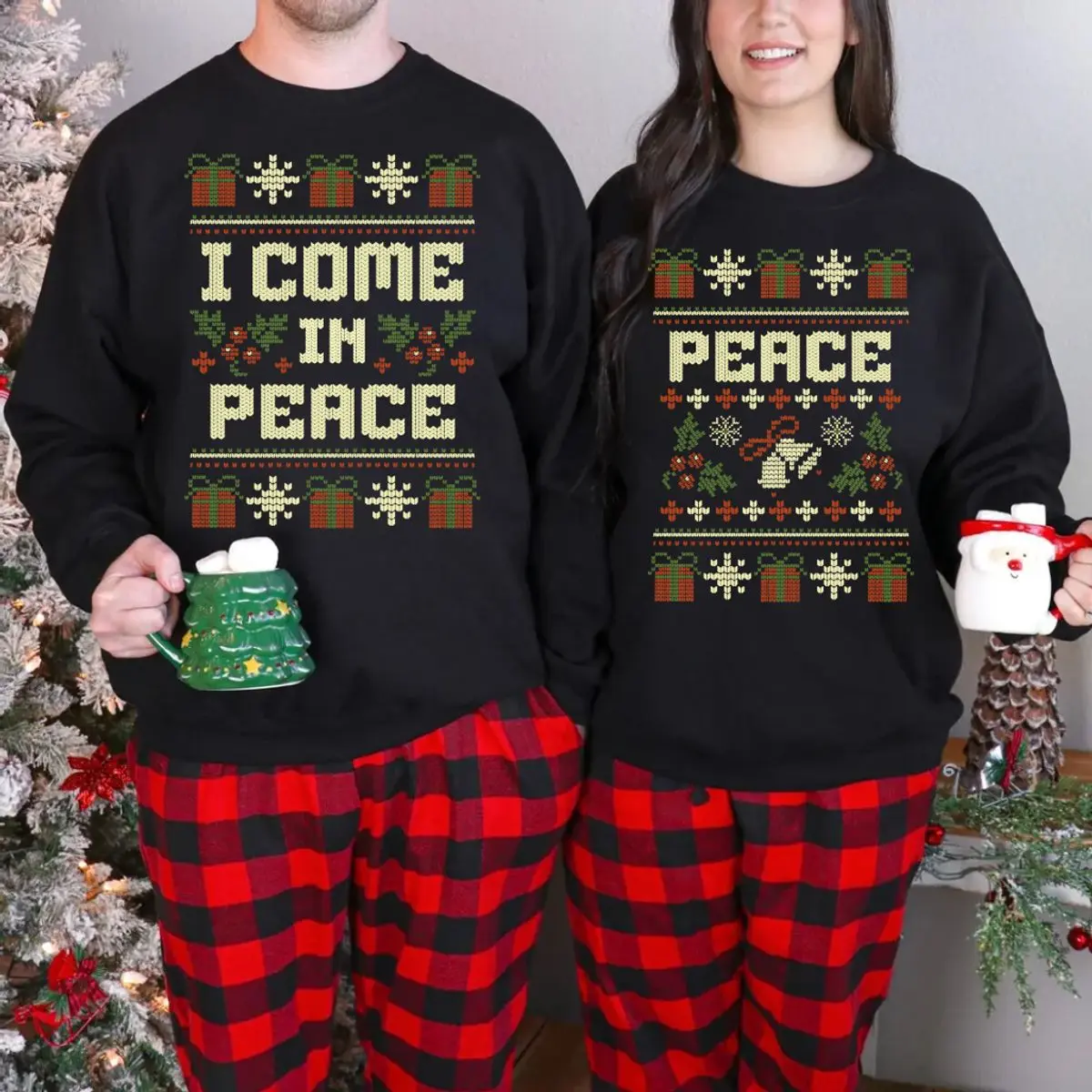 Matching Couples Ugly Christmas Sweater, Ugly Adult Humor Holiday Sweater, I Come In Peace Christmas Sweater, Ugly Christmas Party , Unisex Long Sleeve Crewneck
