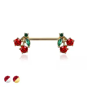 14G Nipple Rings CZ Cherry Stem Barbell 316L Surgical Steel Barbell Nipple Rings 14mm Gold Silver