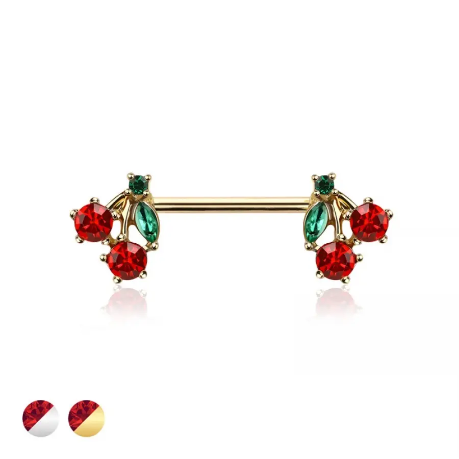 14G Nipple Rings CZ Cherry Stem Barbell 316L Surgical Steel Barbell Nipple Rings 14mm Gold Silver