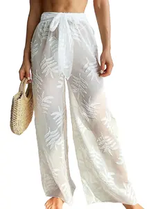 COZYEASE Womens Beach Cover Up Pants Mesh Tie Front Wide Leg Loose Bathing Suit Cover Up Beach Pants White Solid XL