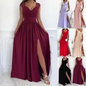 PENGPPopular in 2025 Womens Formal Dresses Wrap V-Neck Ruched Sexy Bridesmaid Wedding Guest Maxi Dresses Elegant Evening