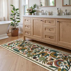 Floral Pattern Bathroom Mat, 1 Count Non-slip Washable Floor Mat, Soft Floor Carpet for Home Living Room Bedroom Kitchen Bathroom Decor, Boho Floral Rug