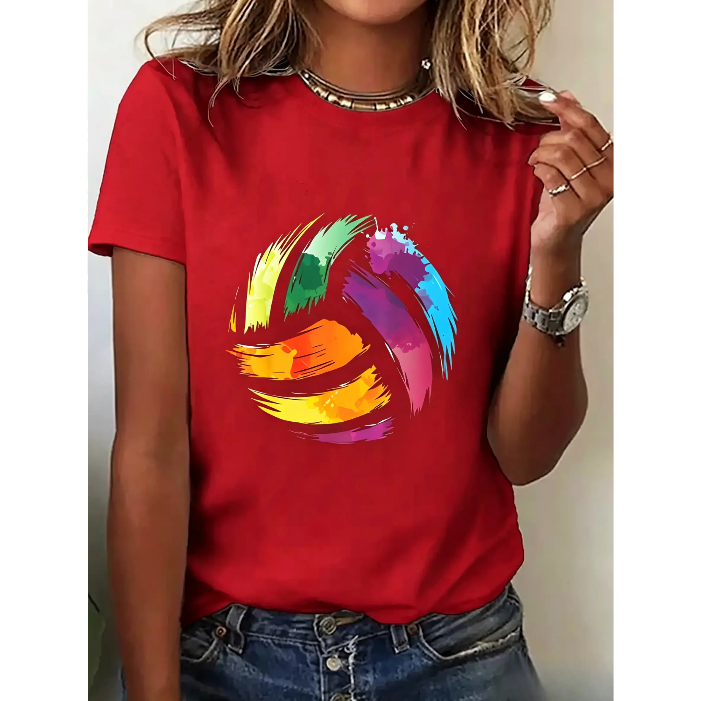 Women's 100% Cotton Oversized Short-Sleeve Volleyball Print Tee - Classic Fit, Asymmetrical, Smooth Feel, Basic, All Seasons, Runs True to Size - Machine Wash, No Bleach, for Casual Active Wear