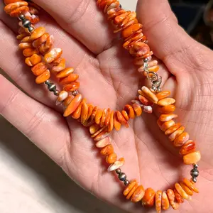 Native American Spiny Oyster & Navajo Pearl Necklace - Handcrafted with Vibrant Orange Spiny Oyster Beads and Authentic Navajo Pearls