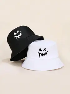Smiling Face Printing Reversible Fishing Bucket Hat, Casual Holiday Beach Sun Hat for Travel, Fashion Accessories for Men & Women