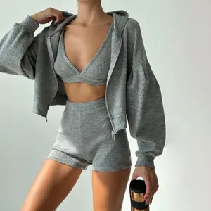 European and American Style Sports Set Basic Solid Color Hooded Loose Zipper Jacket + Small Vest + Shorts Casual Three-Piece Set