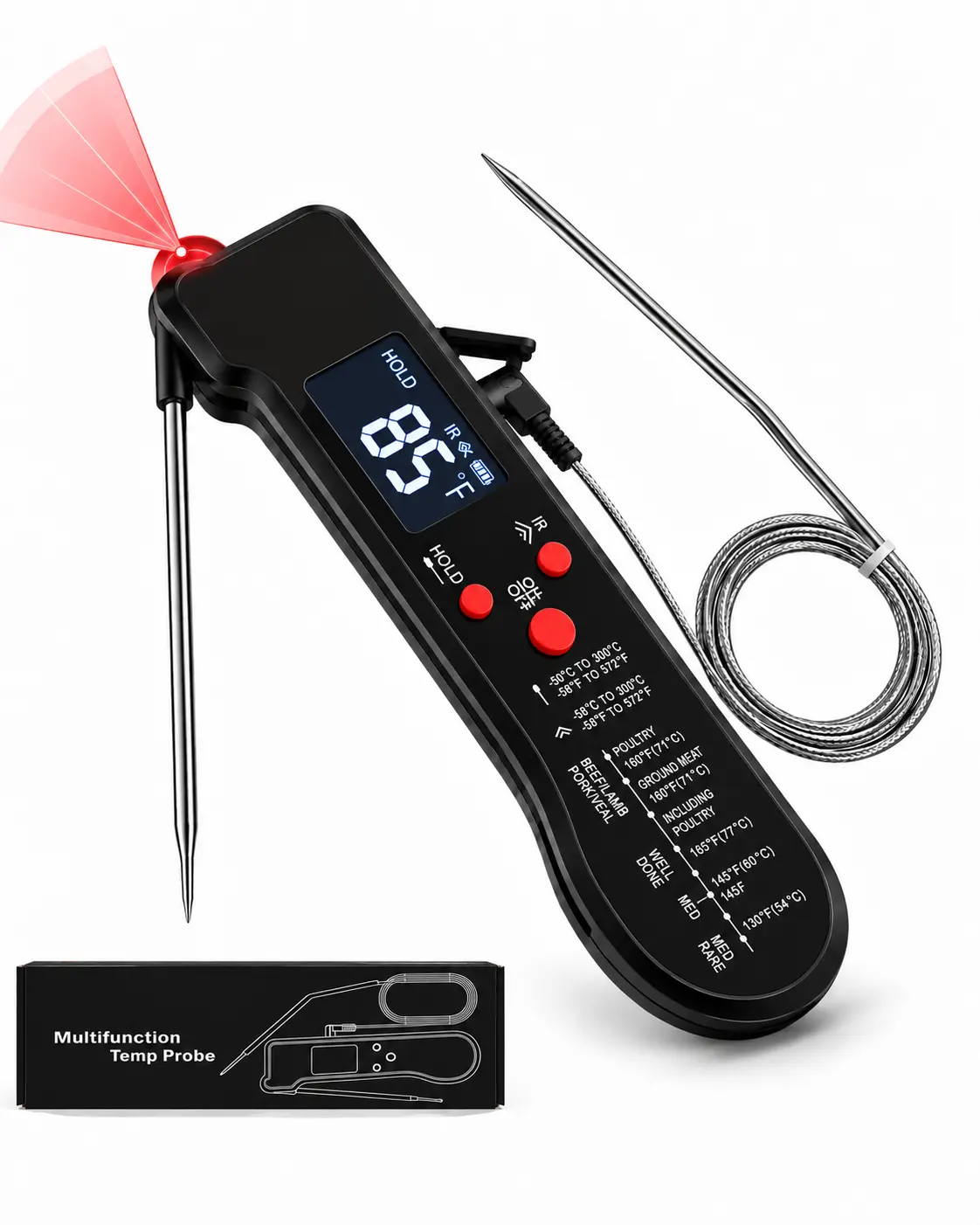 3-in-1 Digital Meat Thermometer with Infrared, Waterproof Instant Read Food Thermometer with Magnetic Back, LCD Display, Foldable Probe, Kitchen Cooking Thermometer for BBQ, Grilling, Steak, Turkey & Candy