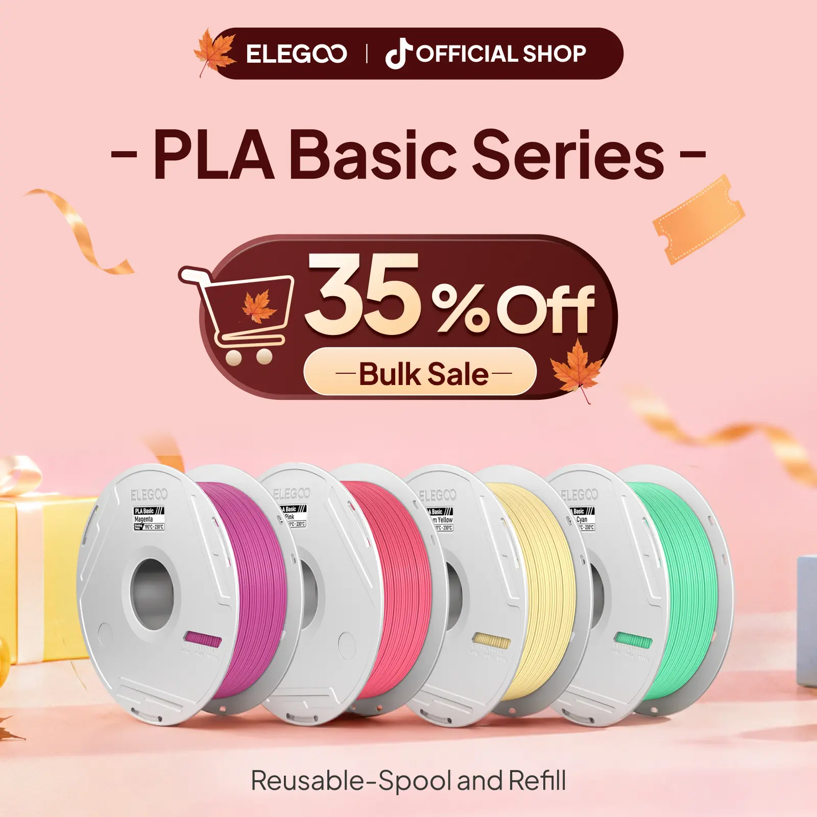 ELEGOO High-Quality PLA 3D Printer Filament (1.75mm, Glossy Plastic Spool) - Low Warp, Odorless, Neat Windings, PLA Basic-Refill/PLA+ Variants, Universal for Ender, P1s, Kobra, Neptune Series, Ideal for Beginners, 3D Printing Supplies