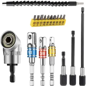 Flexible Bit Extension Set, Includes 105 °   Right Angle Drill, Bendable Drill Extension, 3pcs 1/4 3/8 1/2" Universal Socket Adapter Set, 3pcs Drill Bit Holder, Screwdriver Bit Kit
