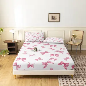 3Pcs Pink Bow Knot Print Microfiber Bed Fitted Sheets Sets, Including 1 Count Fitted Sheet & 2 Counts Pillowcase without Filler, Soft Comfortable Bedding Set For Home Bedroom, Decorative Bedsheet Sets, Breathable Durable Sheets