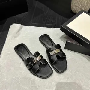 Women's Square Toe Flat Slide Sandals with Metallic Buckle Accent - 4 Classic Colors for Summer Casual & Daily Wear