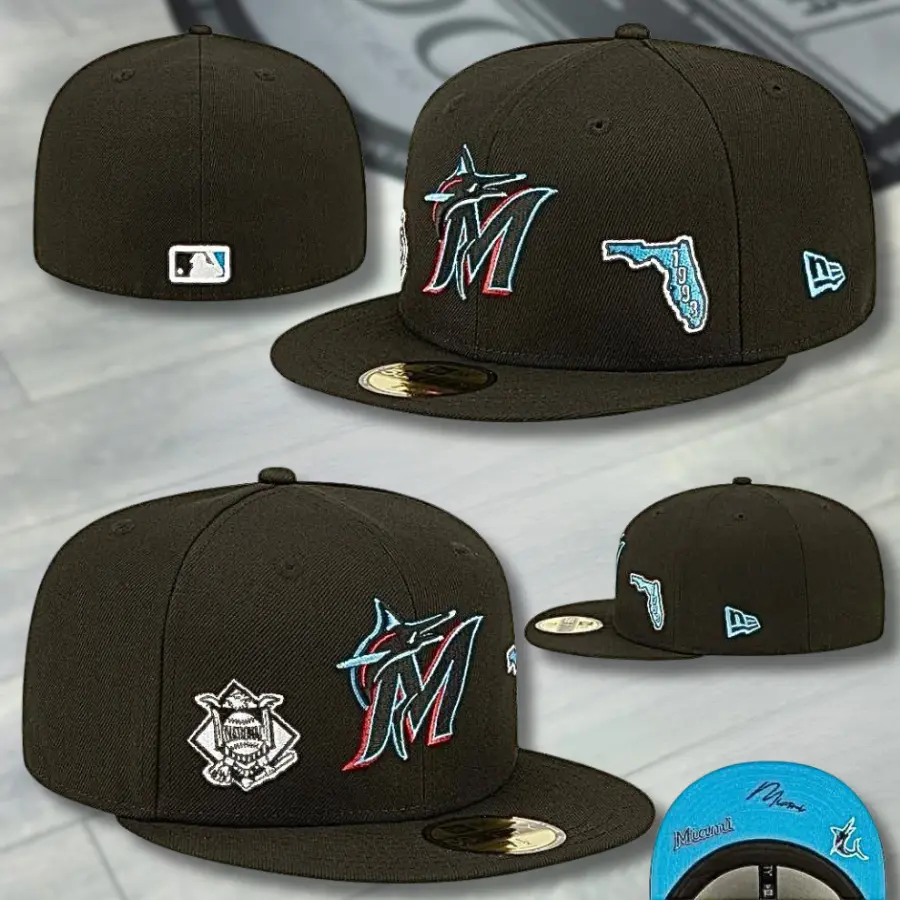 New Era 59FIFTY Miami Marlins Fitted Baseball Cap – Black Flat Bill Hat with Multicolor Marlins Logo, Florida 1993 Side Patch, Light Blue Undervisor & MLB Streetwear Style
