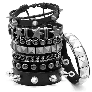 6PCS Punk Rock Spiked Studded Bracelets Set – Gothic Grunge Emo PU Cuff Wristbands for Men & Women