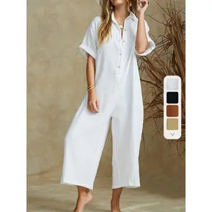 JWDH Classic Wide-Leg Jumpsuit for Women – Half Sleeves, Loose Fit, Solid Color, Button Front, Casual Chic Style – Perfect for Everyday Wear, Work, or Date Night; White Overall-Collar Fabric Suit for Women, Basic Minimalist