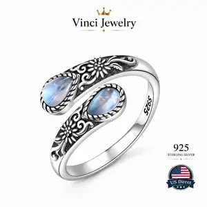 S925 Sterling Silver Moonstone Women's Adjustable Thumb Open Ring, Victoria Vintage Style Hypoallergenic Nickel Free, Retro Floral, Lucky, Faith, Mother's Love Ring, Bohemian Vintage Style, Daily, Party, Holiday, Valentine's Day, Halloween, Easter Gift