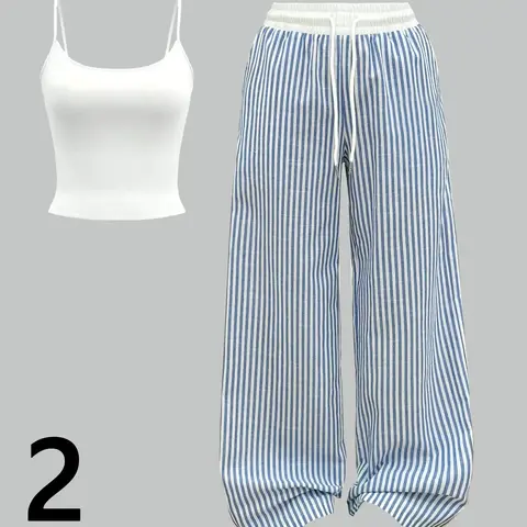 Summer Women's Two-Piece Set, Sleeveless Cami Top Tank Top & Blue Striped Wide-Leg Pants for Vacation, Soft and Comfortable Fabric Casual Loose Lounge Sets Everyday