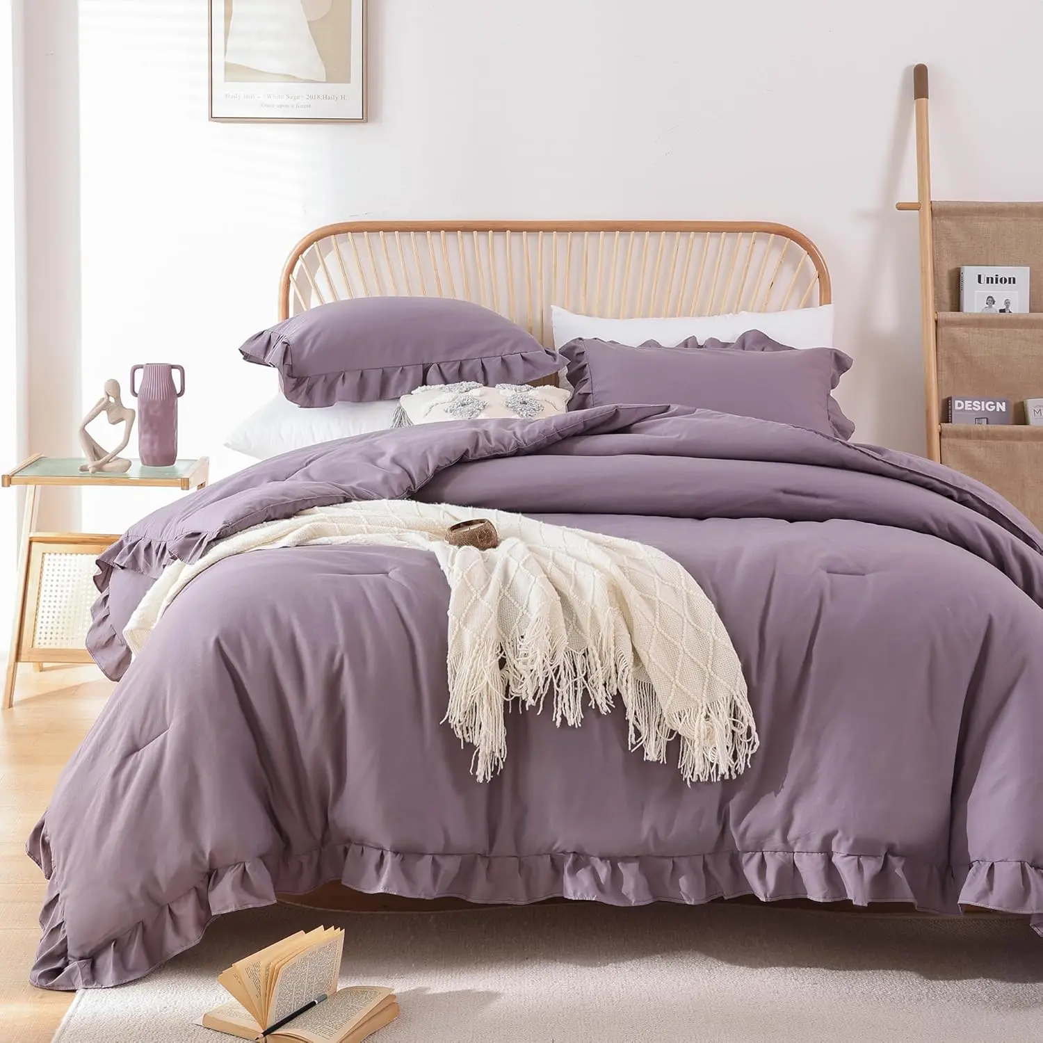 Comforter Set Full Size Grayish Purple Ruffle Comforter 3PCS Fluffy Comforter Vintage Farmhouse Comforter Set with 2 Pillowcases