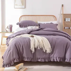 Comforter Set Full Size Grayish Purple Ruffle Comforter 3PCS Fluffy Comforter Vintage Farmhouse Comforter Set with 2 Pillowcases