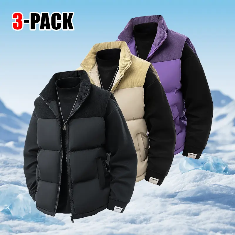 3-Pack Men’s Color-Block Corduroy Collared Puffer Vests | Stand Collar Sleeveless Padded Gilets, Winter Warm Streetwear Bubble Vests, Trendy Oversized Quilted Waistcoats
