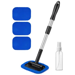 Windshield Cleaner Tool, Microfiber Car Window Cleaner with 4 Reusable and Washable Microfiber Pads and Extendable Handle Auto Inside Glass Wiper Kit, Blue