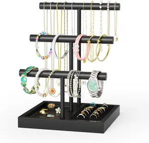 Bracelet Holder Display Organizer Stand, Necklace Holder  Holder Stand, Solid  Base with 3 Tier Metal T-bar for Bracelet Necklace Scrunchie Wristband Bangle Watch Ring, Black