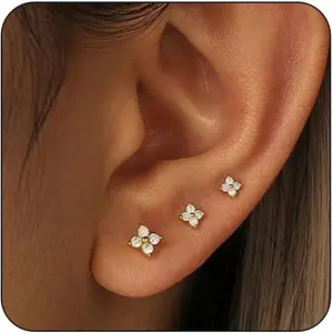 3 Pairs 14K Gold Stud Earring Sets for Women Dainty 925 Sterling Silver Earrings for Multiple Piercing Tiny Cartilage Tragus Cute Trendy Post Earrings Stacks Jewelry Gifts