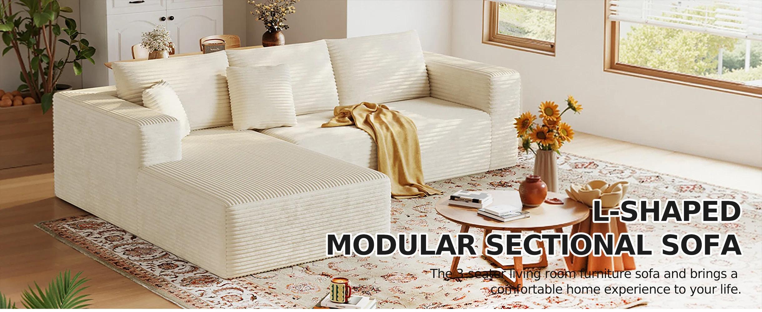 108” Modular Sectional Cloud Sofa For Living Room Modern Minimalist Couch With L-shaped Chaise Upholstered Corduroy Couch , Deep Seat, No Assembly Required