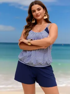 Plus Size Tankini Swimsuit with Shorts - Two Piece Modest Bathing Suit, Blue Print Tummy Control Swimwear for Women Beach Vacation