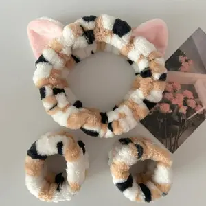 Plush Striped Face Washing Set, Soft Coral Fleece Makeup Hairband Wristband Set, Headband Set, Cute Korean Style, Unisex, Perfect Gift for Holidays and Birthdays