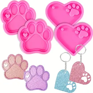 2pcs Large Dog Paw Print Heart-Shaped Silicone Resin Molds with 10Pcs Keyrings - Perfect for DIY Dog Tag Making, Epoxy Resin Crafting, and Special Occasion Gifts for Christmas, Valentine's Day, Mother's Day, and Graduation