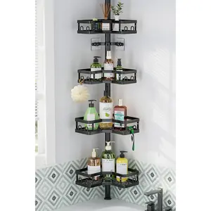 Corner Shower  Tension Pole, Adjustable Shower Organizer Corner 62-115 Inch, Rustproof Bathroom Storage Shower Shelves, Black