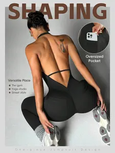 Women's High Elasticity Yoga Jumpsuit with Pockets, Backless Halter Neck Design, Above Ankle Length, Plain Pattern, Fitness Wear
