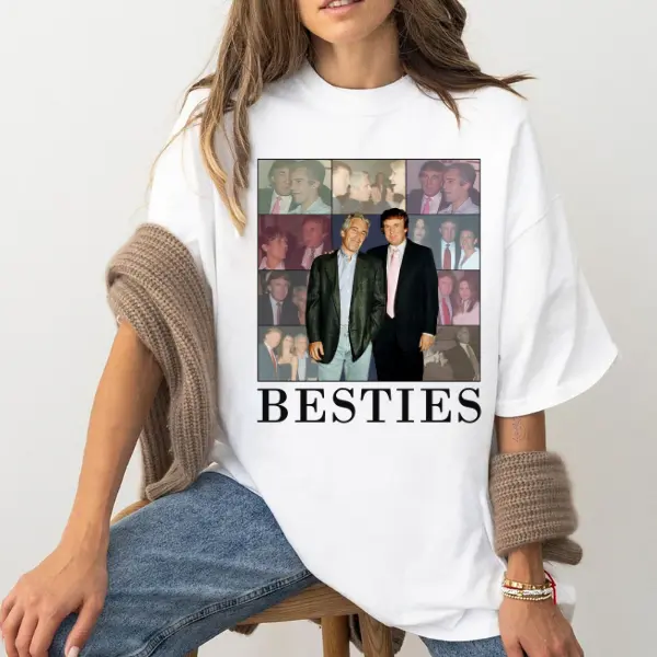Trump and Epstein - Besties T-Shirt, Casual Unisex Funny Meme Parody Vintage Retro, Fashion Cotton, Full Colors, Full Sizes, For Men, For Women