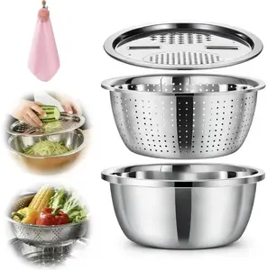 Three-in-One Stainless Steel Colander Set Includes vegetable washing basket, draining basket and chopping tool Versatile for washing rice, fruit and vegetables A practical and durable kitchen essential