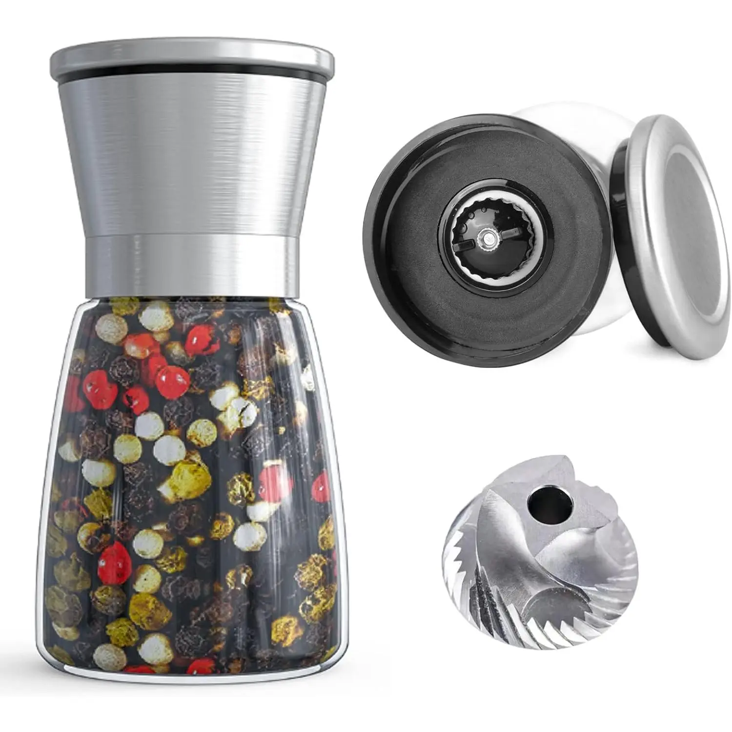 Professional Pepper Grinder - With German Hardened Carbon Steel Mechanism Rotor Refillable Pepper Mill 6oz Glass Adjustable Coarseness (1 Piece - Silver - 304)