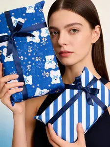 Amalee 2 Pack Blue Reusable Fabric Gift Wrap Set, 19"x20" Cloth Gift Wrapping with Greeting Cards and Ribbon, Washable Multi-Purpose Fabric Wrap for Gifts, Storage Bag or Travel Protection